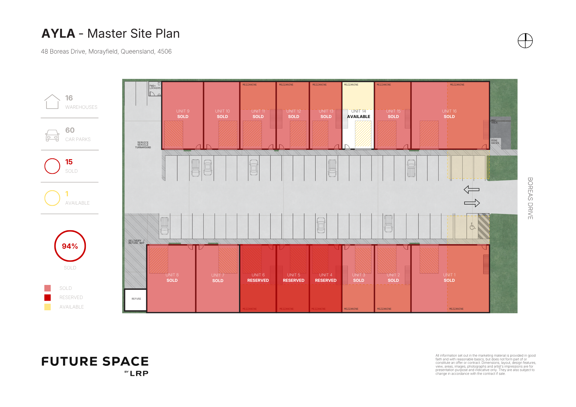 Site plan for a property at 48 Boreas Drive, Morayfield, Queensland, showing building units, parking spaces, and designated areas.