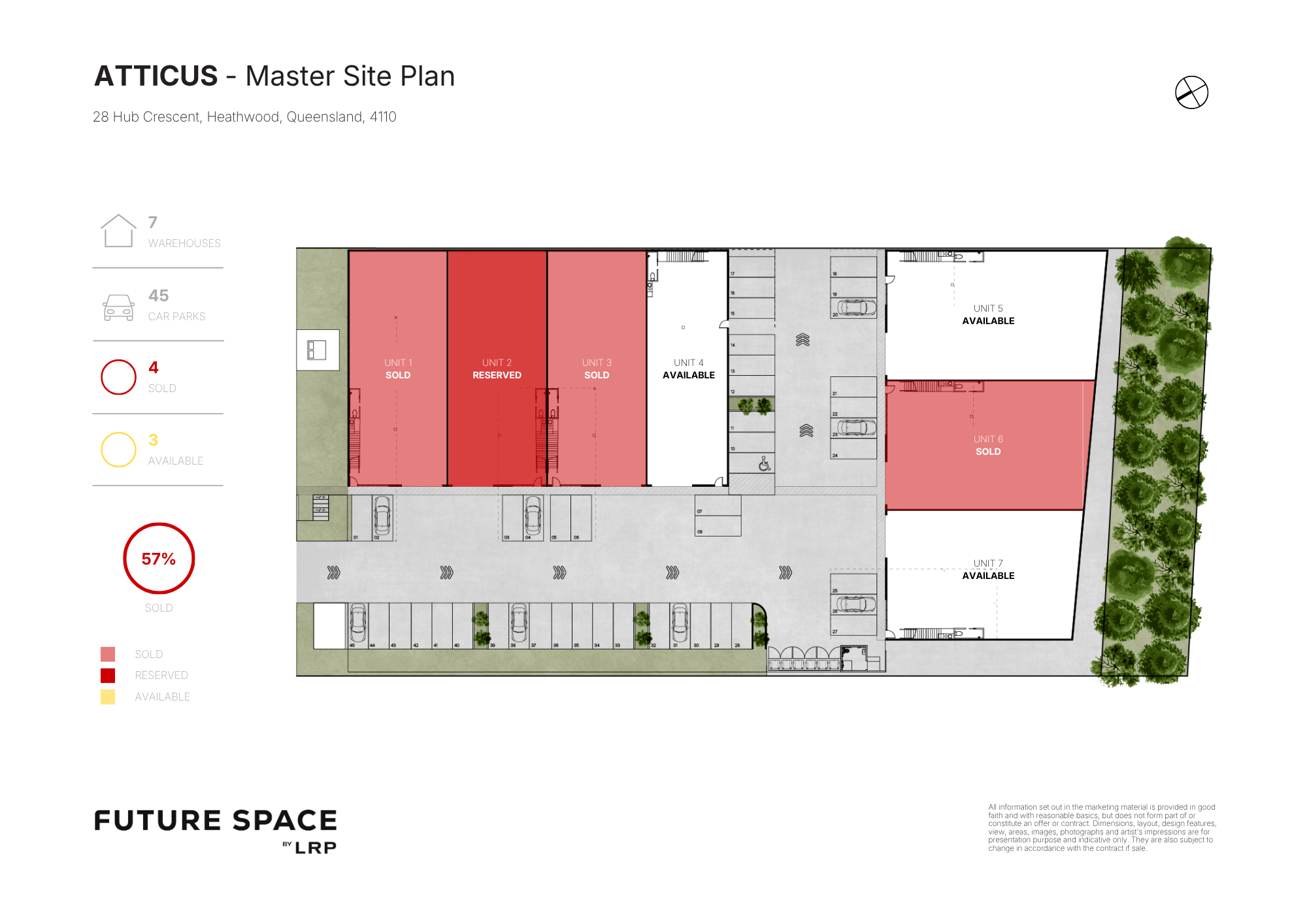 Master site plan for Atticus, showing buildings, parking areas, green spaces, and directional arrows.