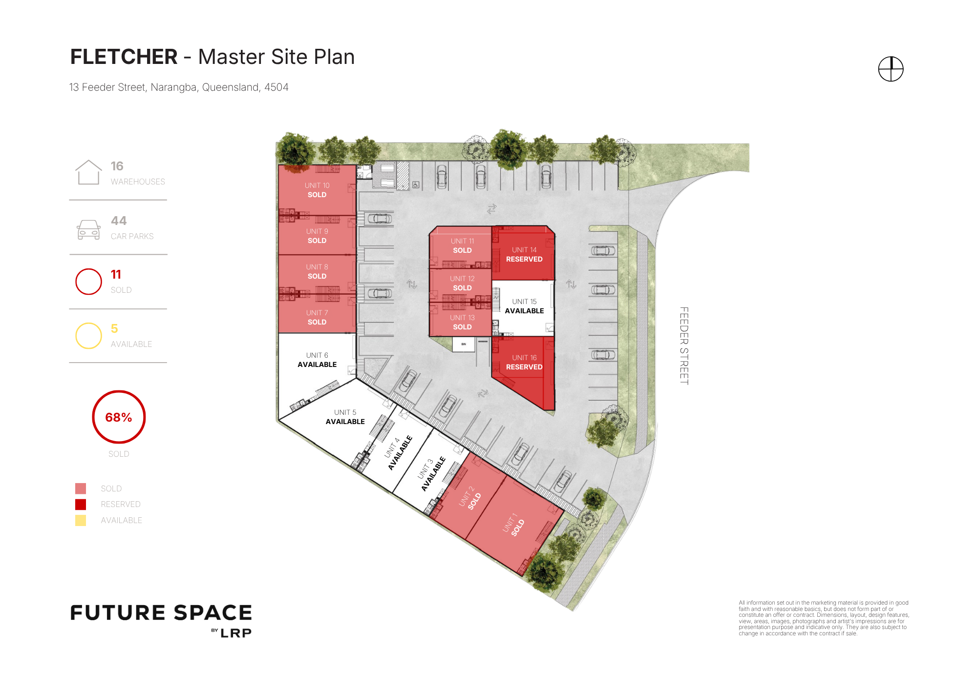 Site plan for Fletcher master development showing building units, parking areas, green spaces, and labels for sold, reserved, and available units.