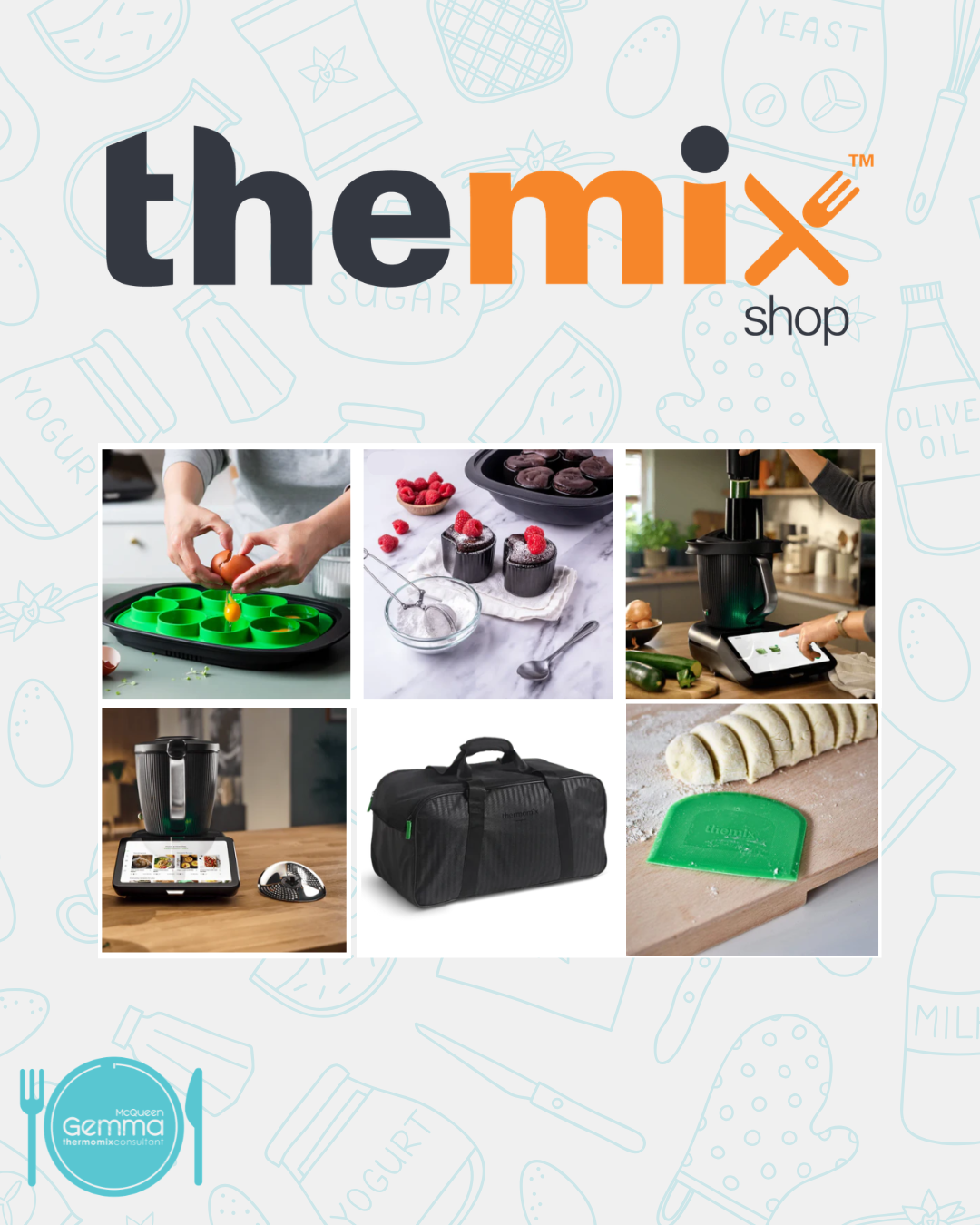 Collage of kitchen appliances and baking supplies, including a silicone mold with eggs, raspberry-topped cupcakes, a food processor, a blender, a travel bag, and a rolled-up dough with a green scraper.