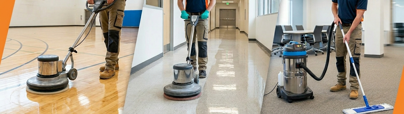 Three workers are cleaning floors in different locations using industrial floor cleaning machines and vacuum cleaners.