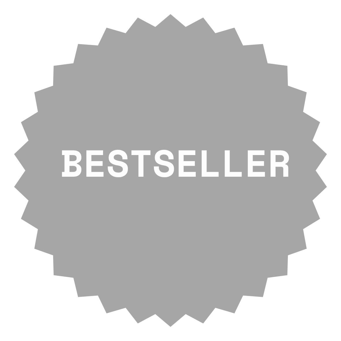 Gray badge with a spiked border and the word 'Bestseller' in white uppercase letters.