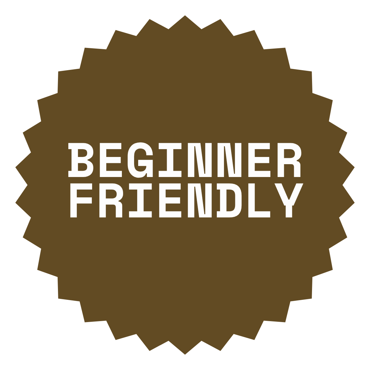 A badge with a brown background and a scalloped edge, with the text 'Beginner Friendly' in white capital letters.