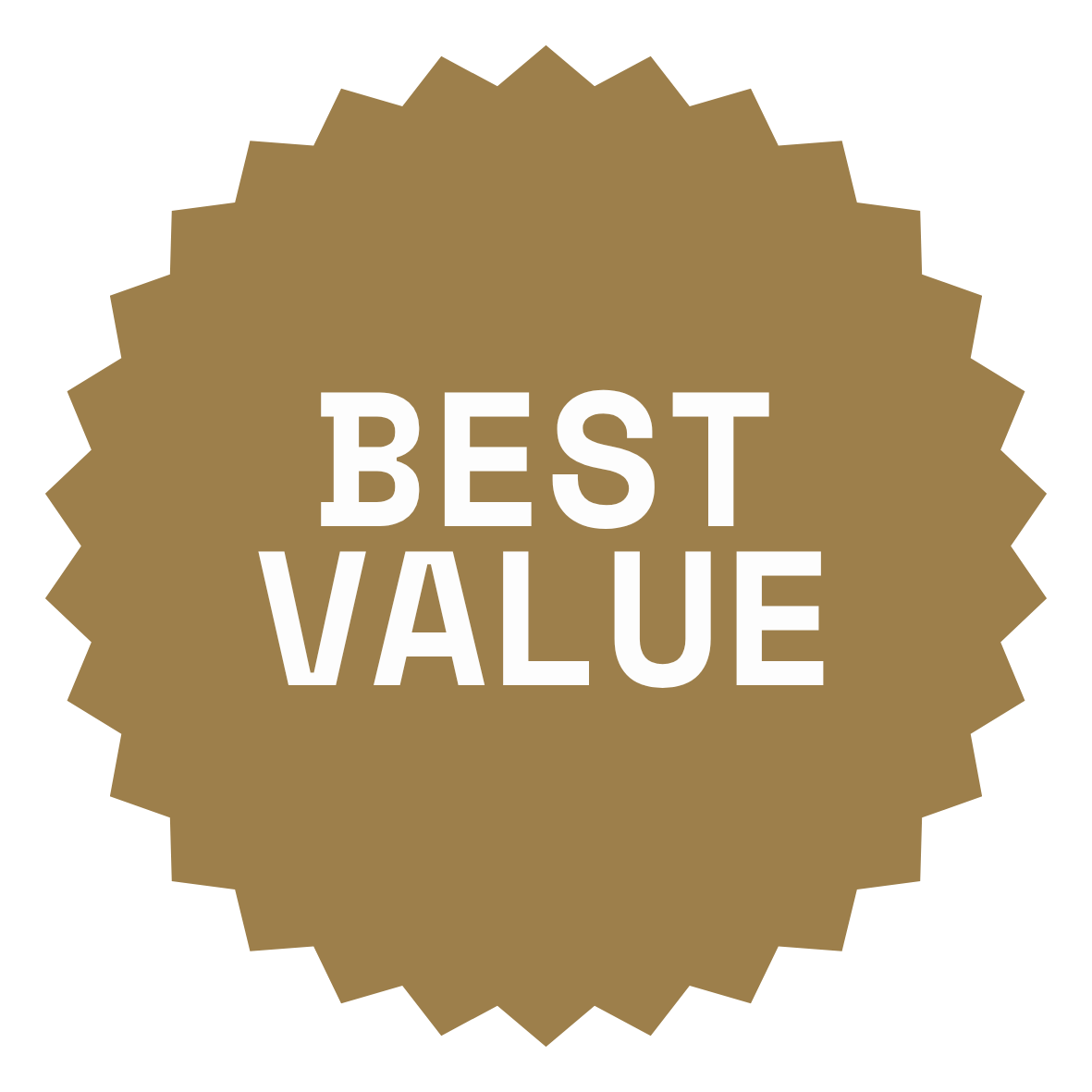 Gold badge with jagged edges that reads 'Best Value' in white text.