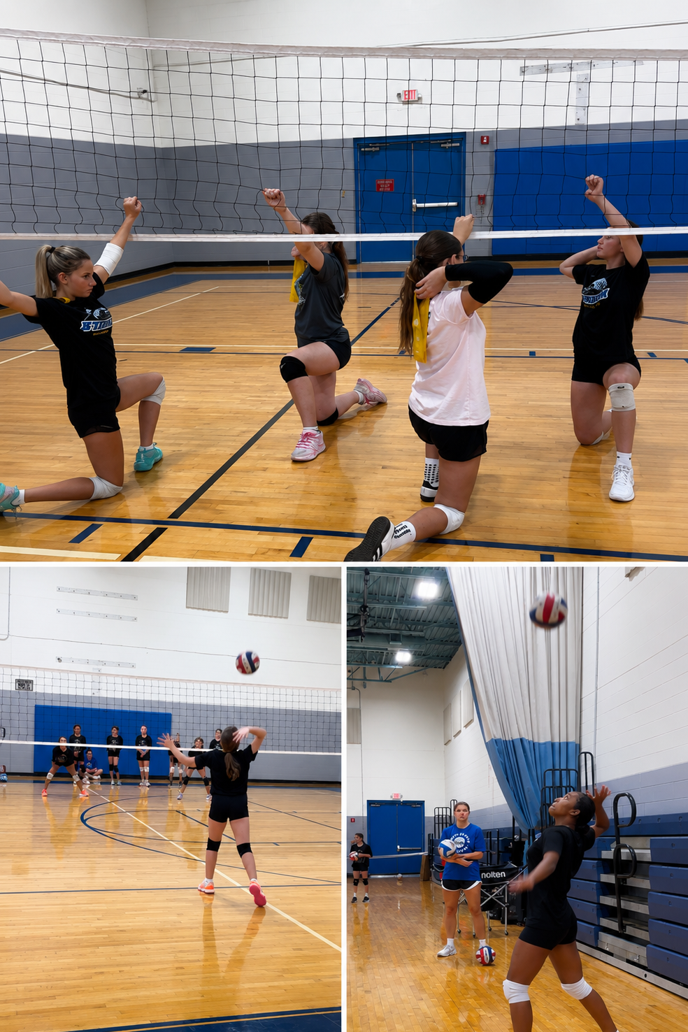 Indoor volleyball court with players practicing and drills in progress.