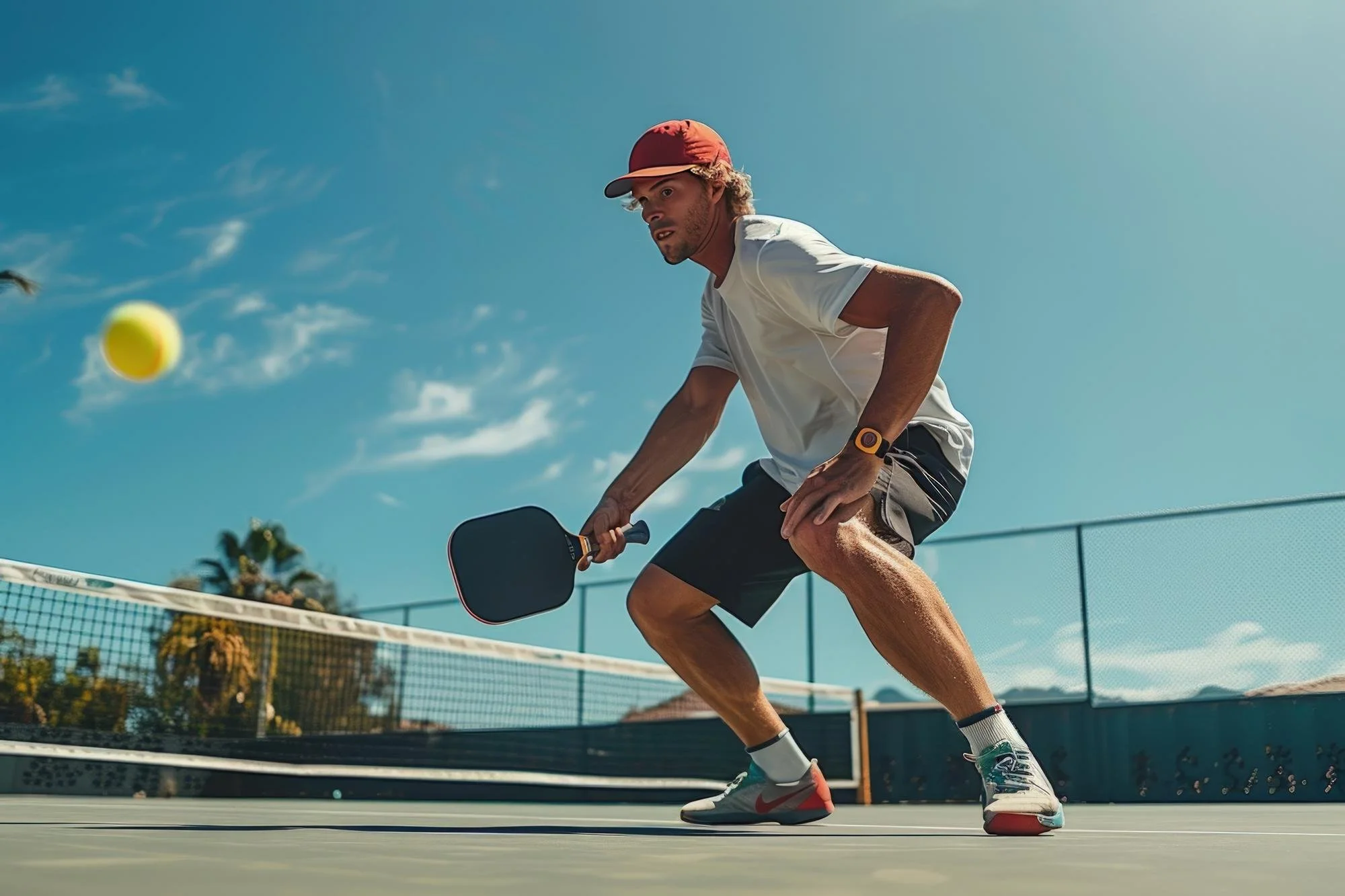 A man playing pickleball on an outdoor court, wearing a red cap, white shirt, black shorts, and Nike sneakers, holding a paddle and preparing to hit a yellow pickleball under a clear blue sky.