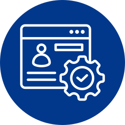 Icon of a web browser window with a user profile, text fields, and a gear with a check mark indicating settings or user profile verification.