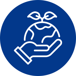 Outline of a hand holding a globe with a sprouting plant on top, on a dark blue circular background.