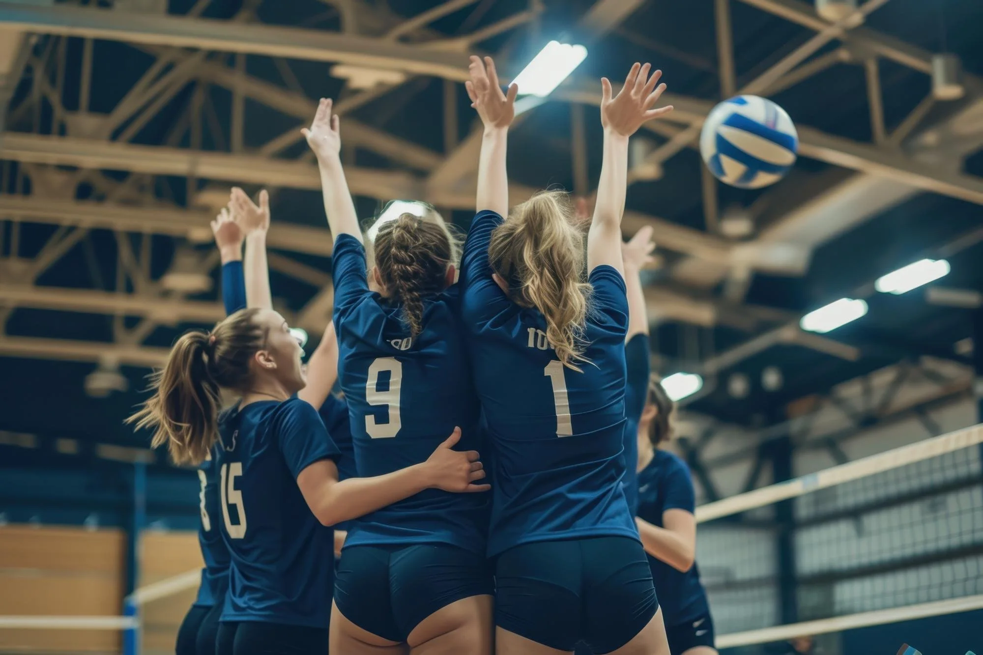A group of female volleyball players in blue uniforms celebrate together on an indoor court, with their hands raised near a volleyball in the air.
