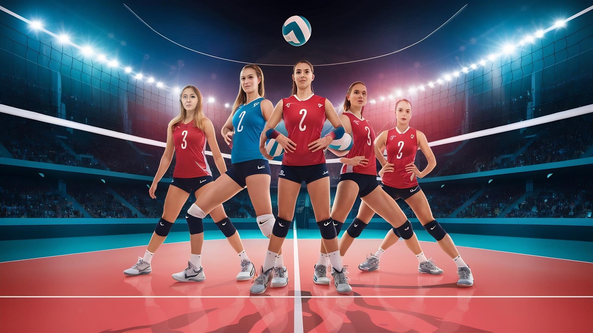 Five female volleyball players in uniform pose on a volleyball court inside a large stadium, with a volleyball above their heads and bright lights overhead.