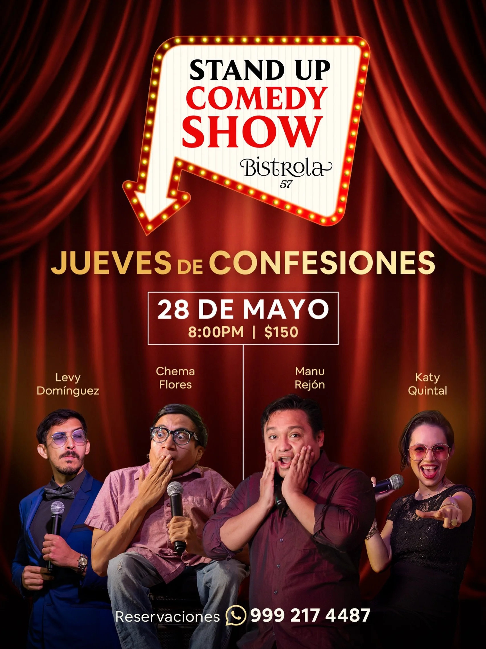 &iexcl;Pr&oacute;ximo Jueves de Confesiones! Stand-Up Comedy en @bistrola57🎙️

28 de mayo | 8pm | 🪑Lugares con reservaci&oacute;n al WhatsApp: (999) 217 4487
📲 http://wa.me/+529992174487
📍Calle 60 x 57, Centro Hist&oacute;rico de M&eacute;rida. 
