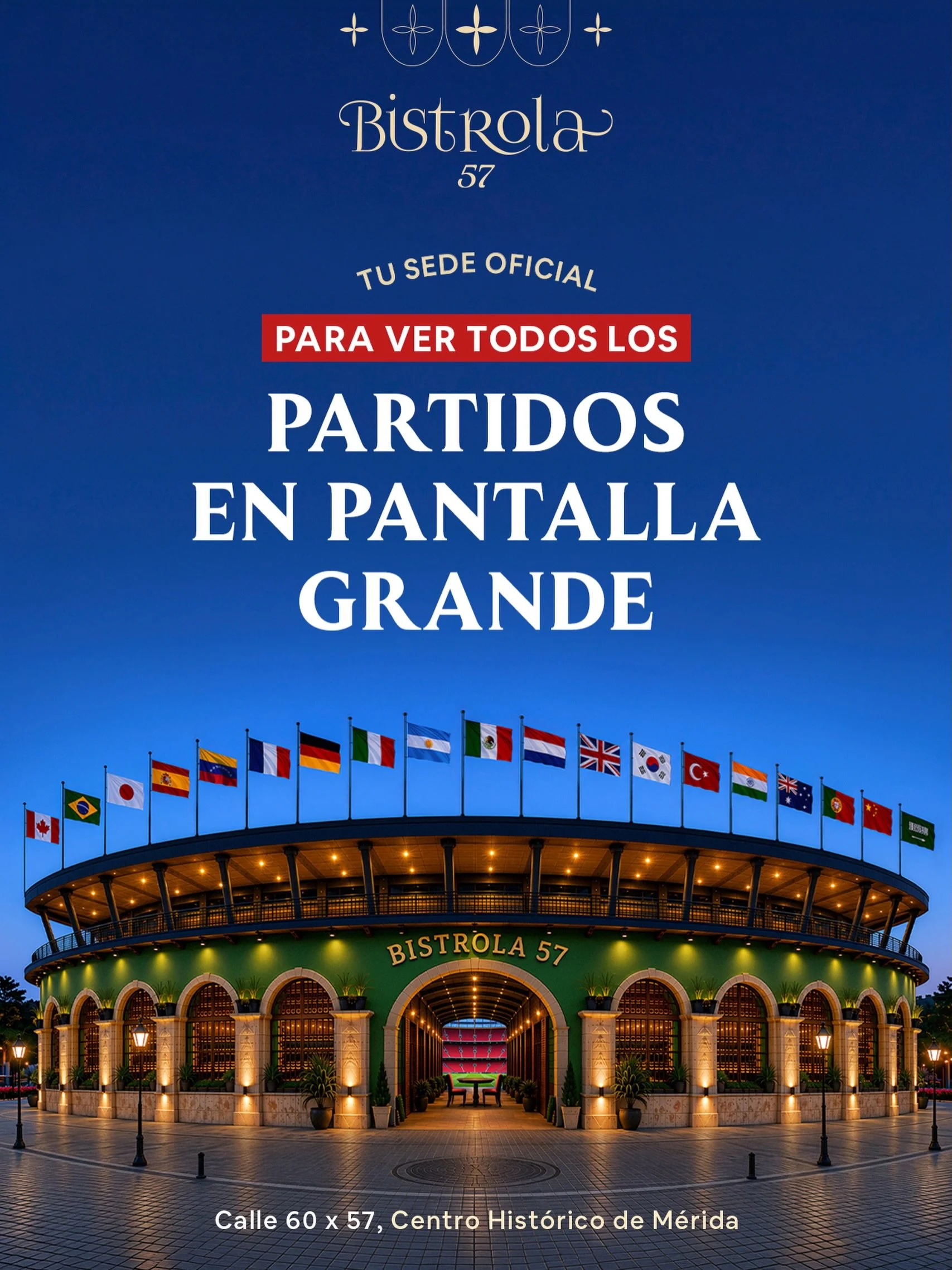 🏟️El Estadio Bistrola 57 est&aacute; listo para ver todos los partidos en Pantalla Grande ⚽️

🪧Vive en primera fila el partido inaugural este Jueves 11 desde las 11:30am. M&eacute;xico vs Sud&aacute;frica.

Calle 60 x 57, Centro Hist&oacute;rico de