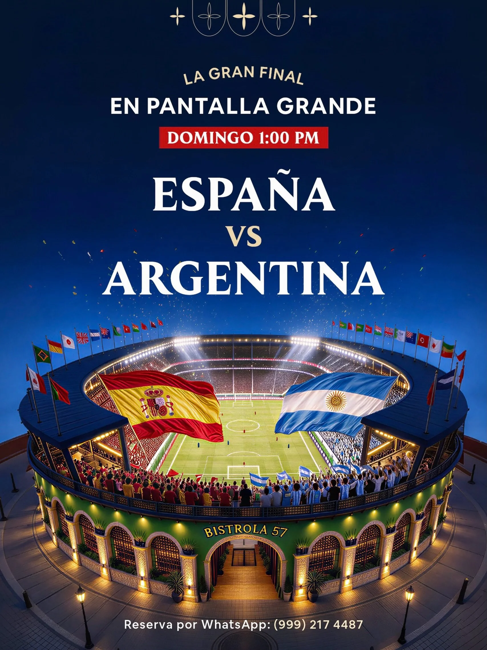 La Final en Pantalla Grande 🏟️ Reserva tu mesa al (999) 217 4487. 🇪🇸Espa&ntilde;a vs Argentina 🇦🇷

🥉Tambi&eacute;n veremos el partido por el tercer lugar Francia vs Inglaterra este s&aacute;bado a las 3pm.

Calle 60 x 57, Centro Hist&oacute;ric