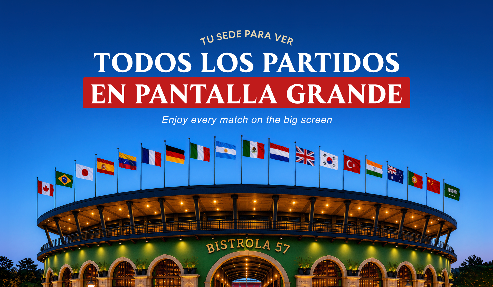 Estadio Bistrola 57 para ver todos los partidos de fútbol en Pantalla Grande en el Centro de Mérida