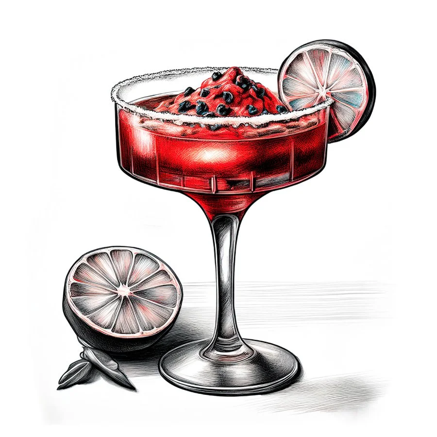 Cóctel rojo en copa de cocktail con rodaja de limón y frambuesas.