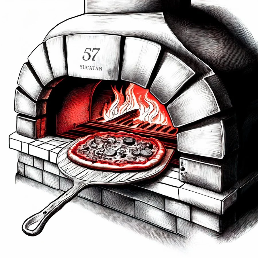 Horno de leña con una pizza en una pala, encendido con fuego visible en su interior.