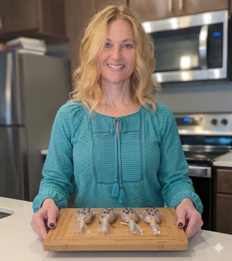 Cindy holding tray of cake pops