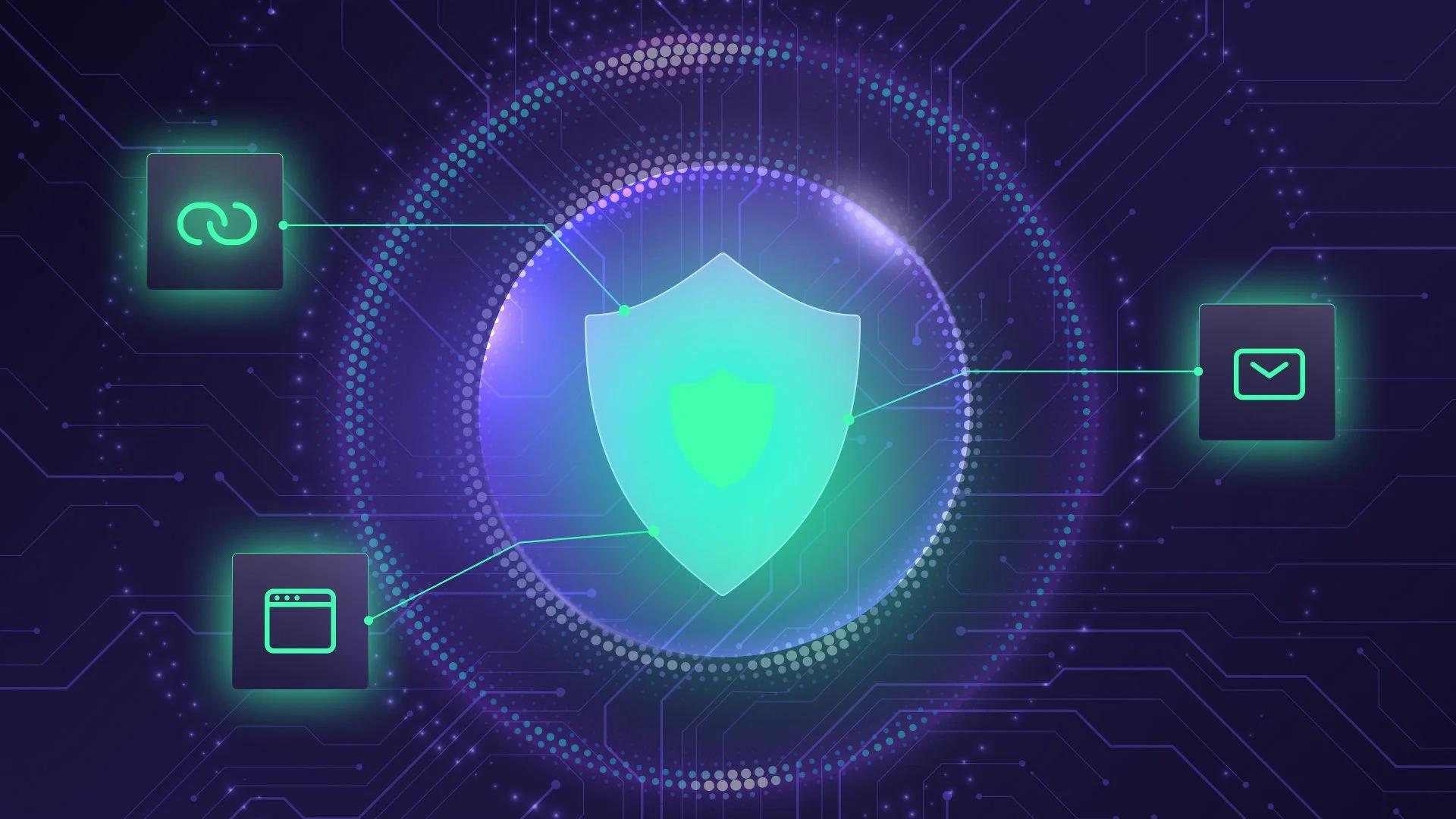 Digital illustration of cybersecurity with a glowing shield in the center, surrounded by technology icons representing connectivity, browsing, and email, on a dark background with circuit lines and dots.