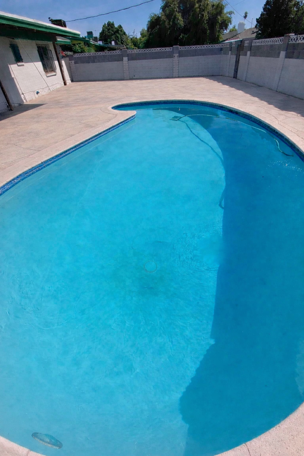 Empty in-ground backyard swimming pool with blue water, surrounded by a concrete deck, enclosed by a gray brick wall fence, with some green trees and a house in the background.