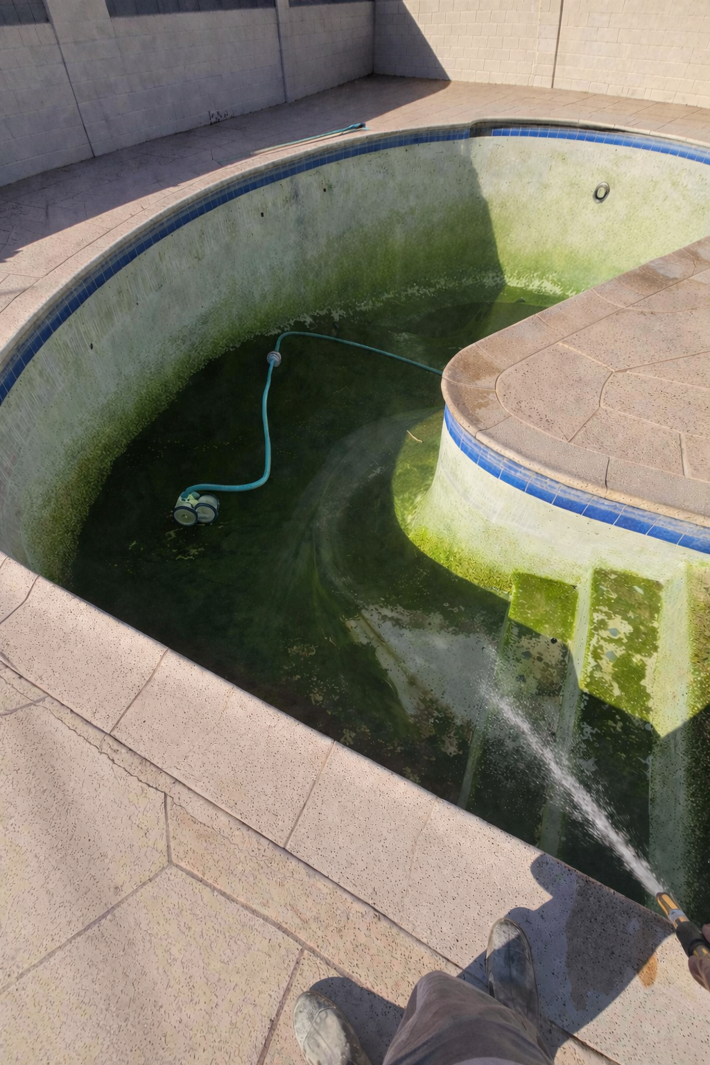 Empty, algae-covered swimming pool with algae buildup and a pool vacuum hose inside, surrounded by light-colored tile pool deck.