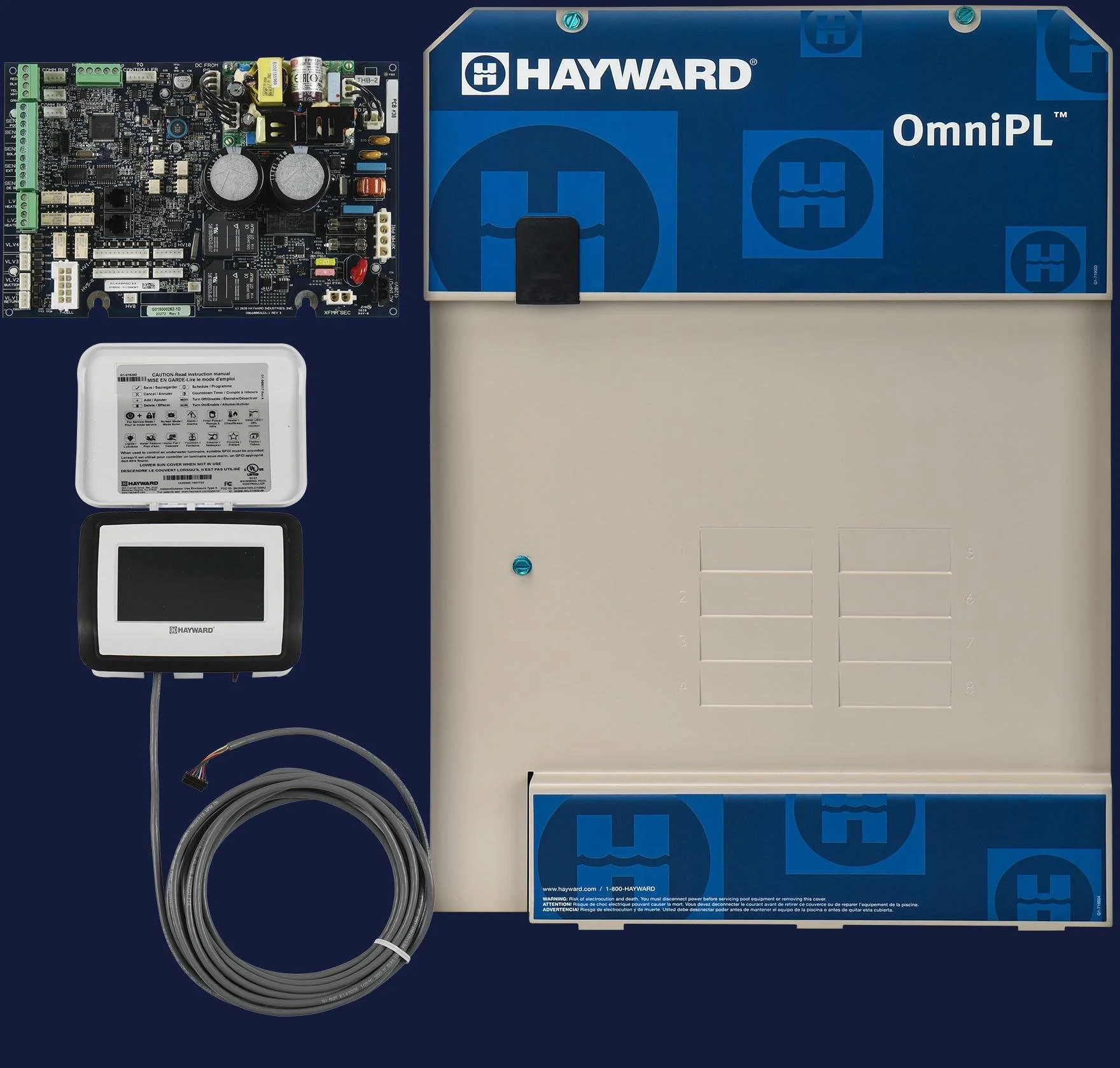Components of a Hayward OmniPL pool control system, including circuit board, sensor, wiring, and control panel, arranged on a dark surface.