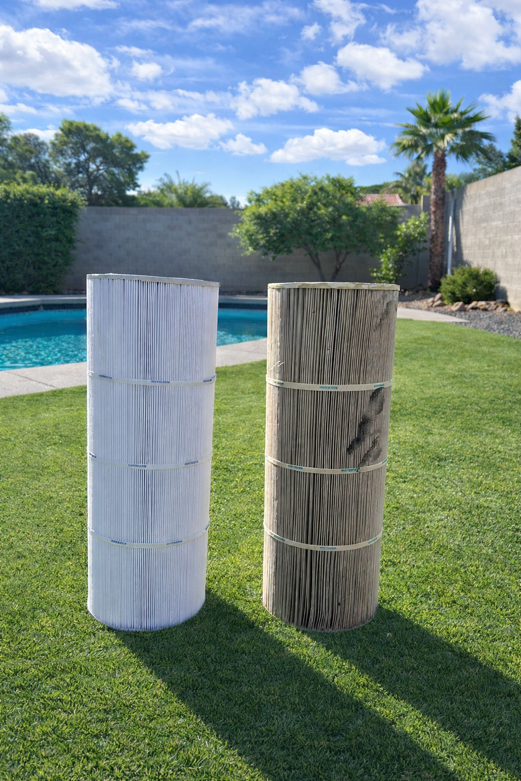 Two pool filter cartridges, one new white and one used black, standing upright on a grassy backyard lawn near a swimming pool with a concrete patio. Trees, shrubs, a palm tree, and a gray brick wall are in the background under a partly cloudy sky.