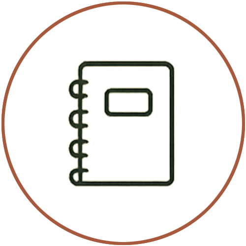 Icon of a closed spiral notebook with a label on the cover, set against a brown background.