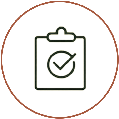 Icon of a clipboard with a checkmark inside a circle.