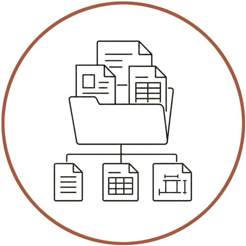 Illustration of a filing cabinet with open drawers containing folders and papers.