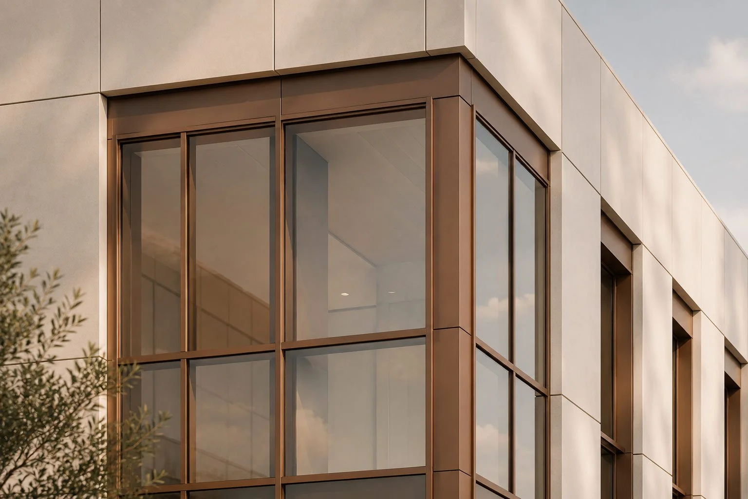 Close-up view of a modern building corner with large glass windows and beige panels, reflecting the sky and clouds.