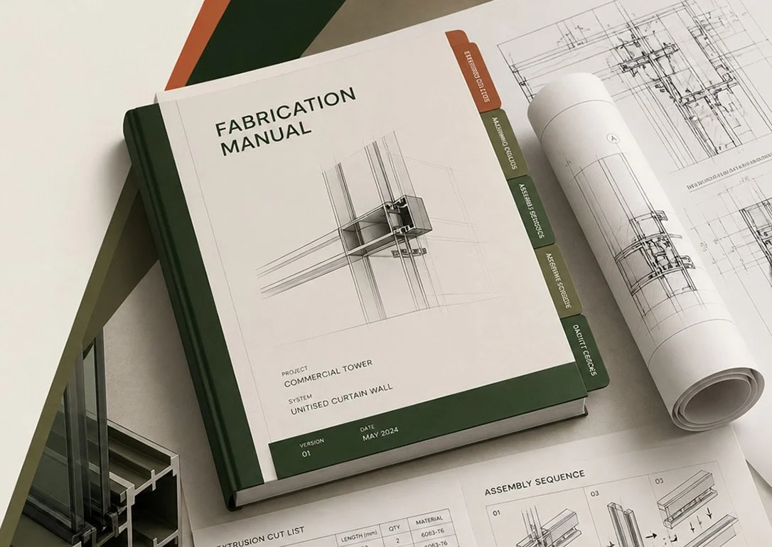 Open fabrication manual and technical drawings for a commercial tower project, including blueprints, assembly sequences, and curtain wall system details.