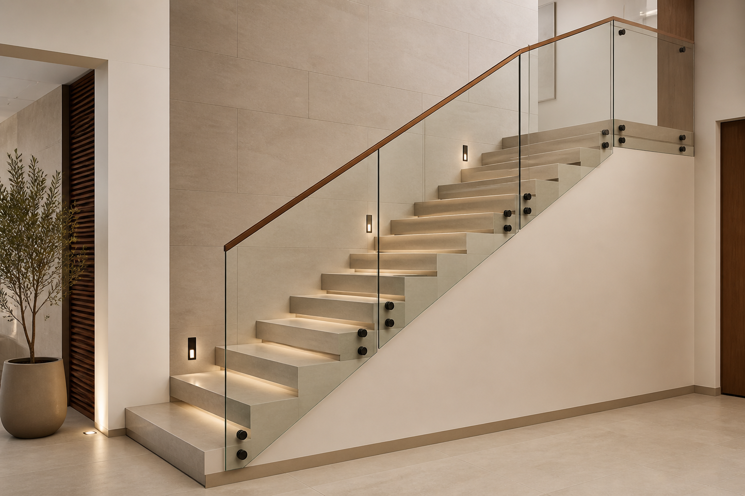 Modern staircase with glass railing and built-in lighting in an elegant interior space.