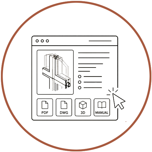Outline of a computer window displaying a 3D wireframe file and four icon buttons labeled PDF, DWG, 3D, and Manual, with a cursor arrow pointing at the Manual button.