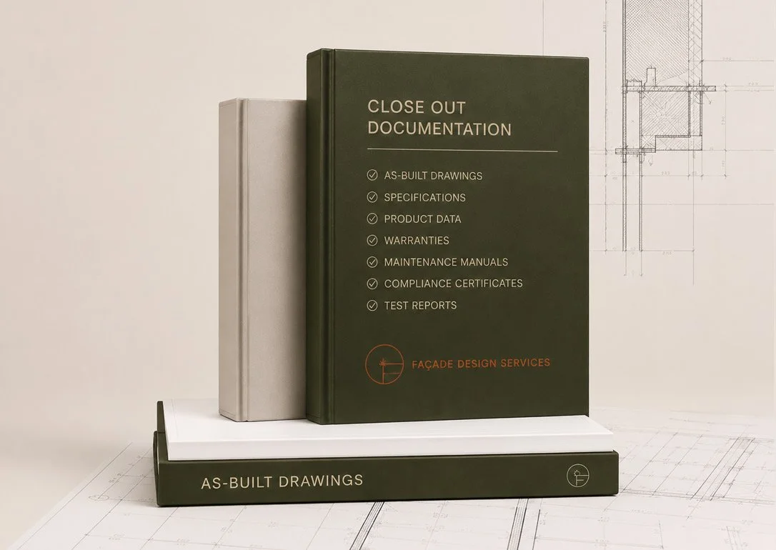 Two binders labeled 'Close Out Documentation' with checklists, and a black book labeled 'As-Built Drawings' on a white shelf, with architectural blueprints in the background.