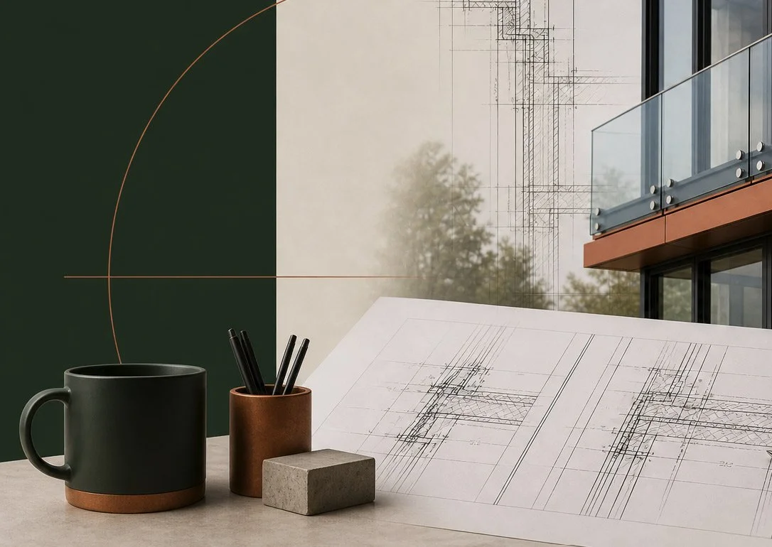Architectural blueprints and drawings on a table with a coffee mug, pen holder, brick, and a building with glass balcony in the background.