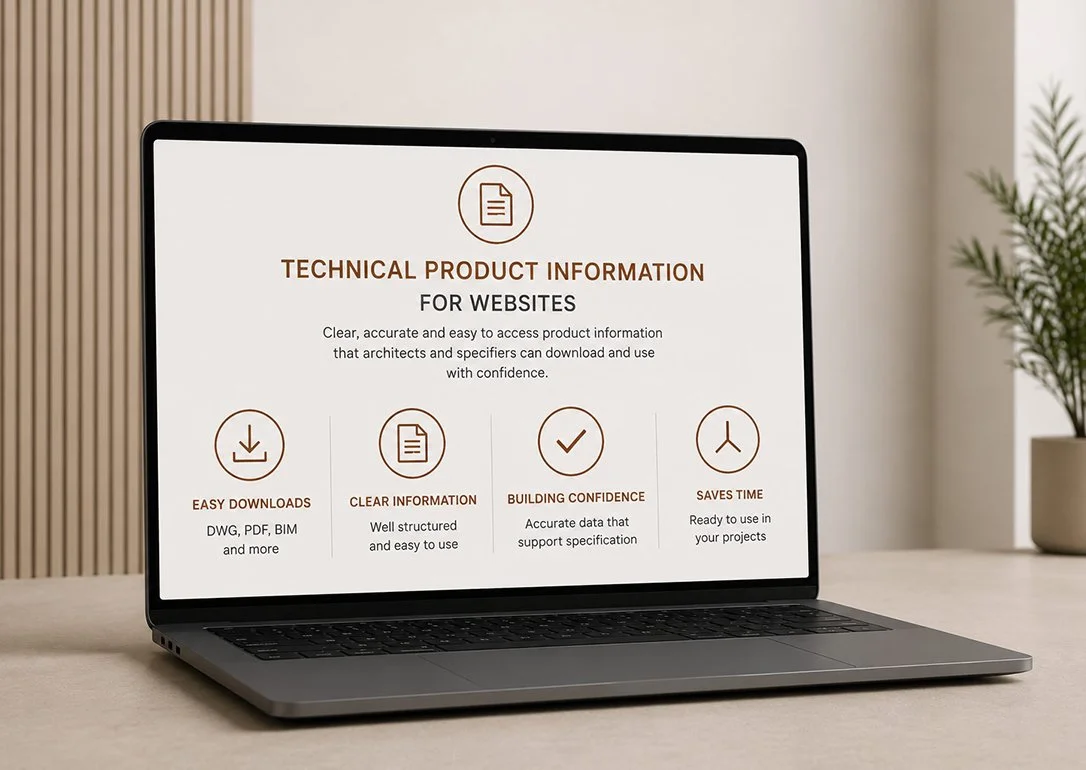 Laptop on a desk displaying a presentation titled "Technical Product Information for Websites" with four icons and descriptions about product data, downloads, confidence, and time savings.