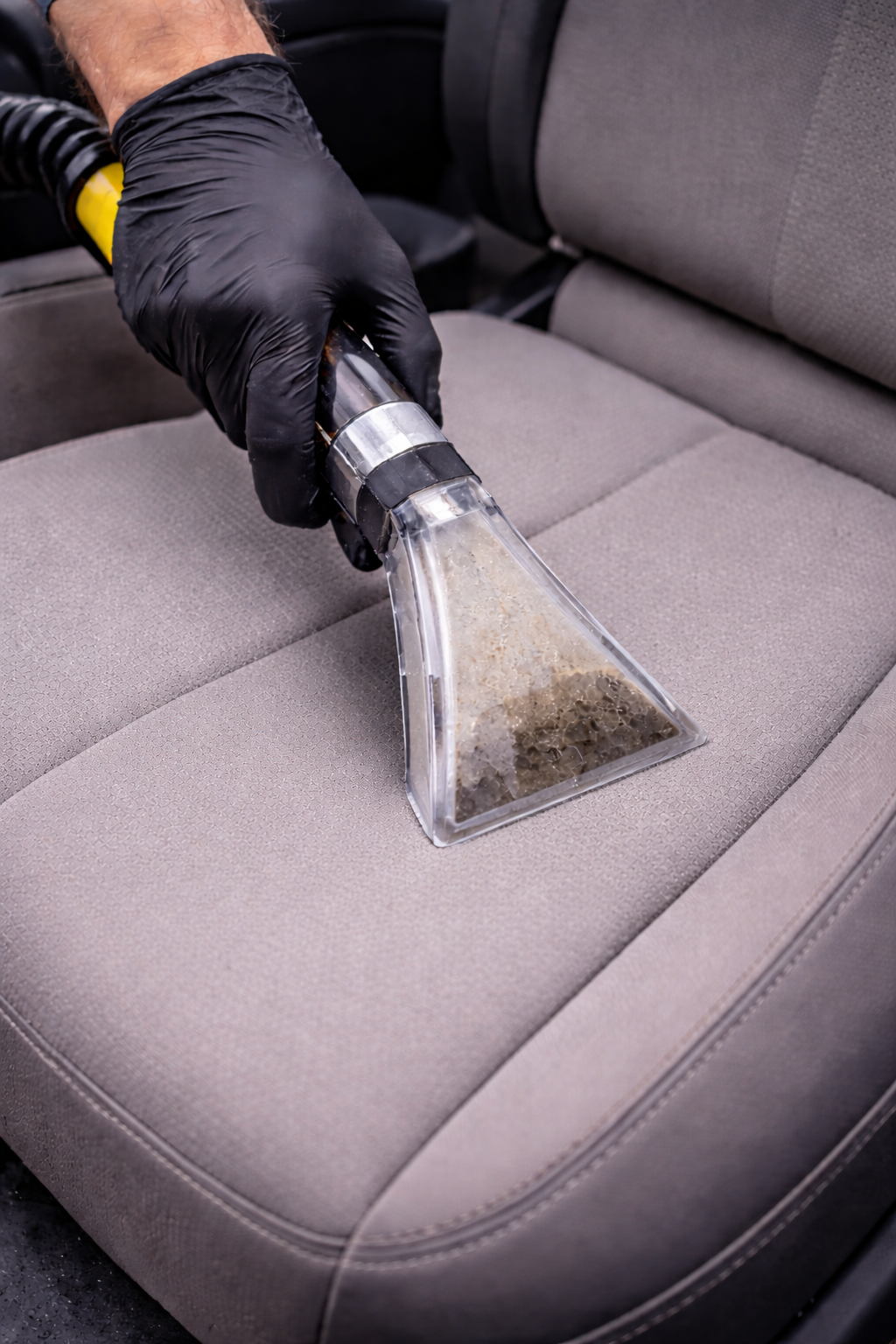 Someone wearing black gloves using a handheld vacuum cleaner to clean a car seat.