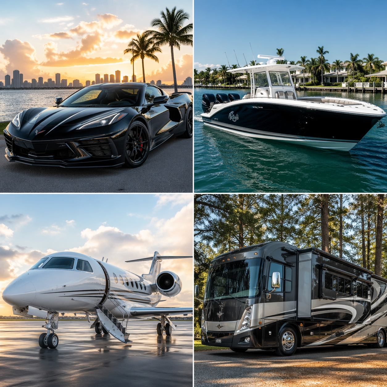 A collage of four luxury transportation vehicles: a black sports car with a city skyline and palm trees at sunset, a motor yacht with a coastal background, a white private jet on a tarmac, and a black and gray recreational vehicle in a wooded area.