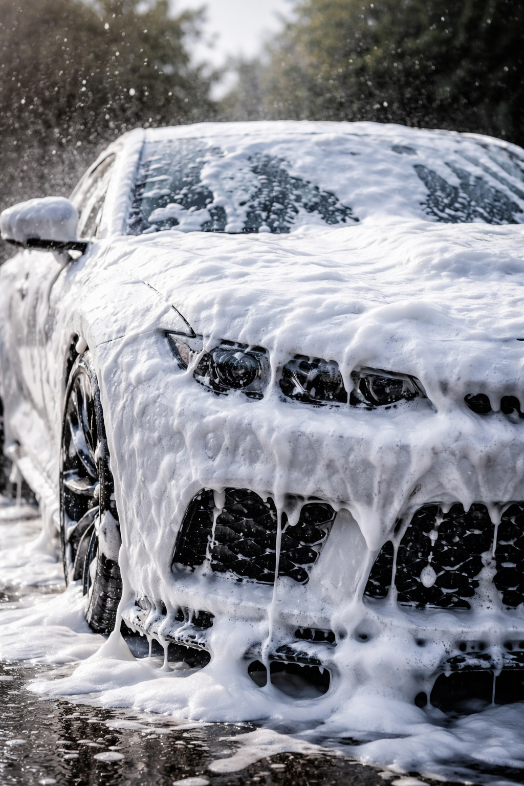 A silver car covered in thick soap suds and foam while being washed outdoors, with water droplets and foam dripping down.