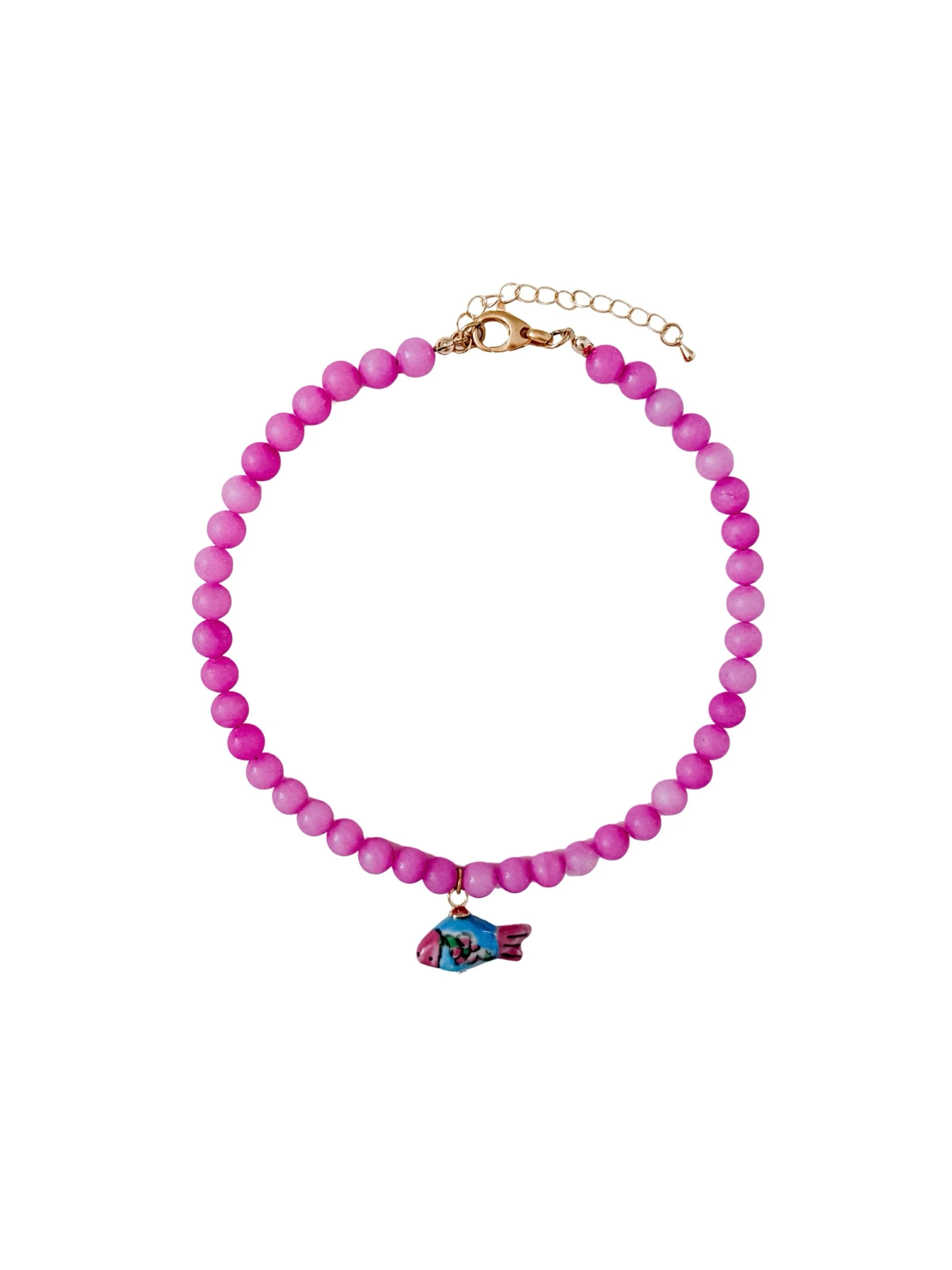 Berry Crush Necklace, magenta beaded necklace with fish charm