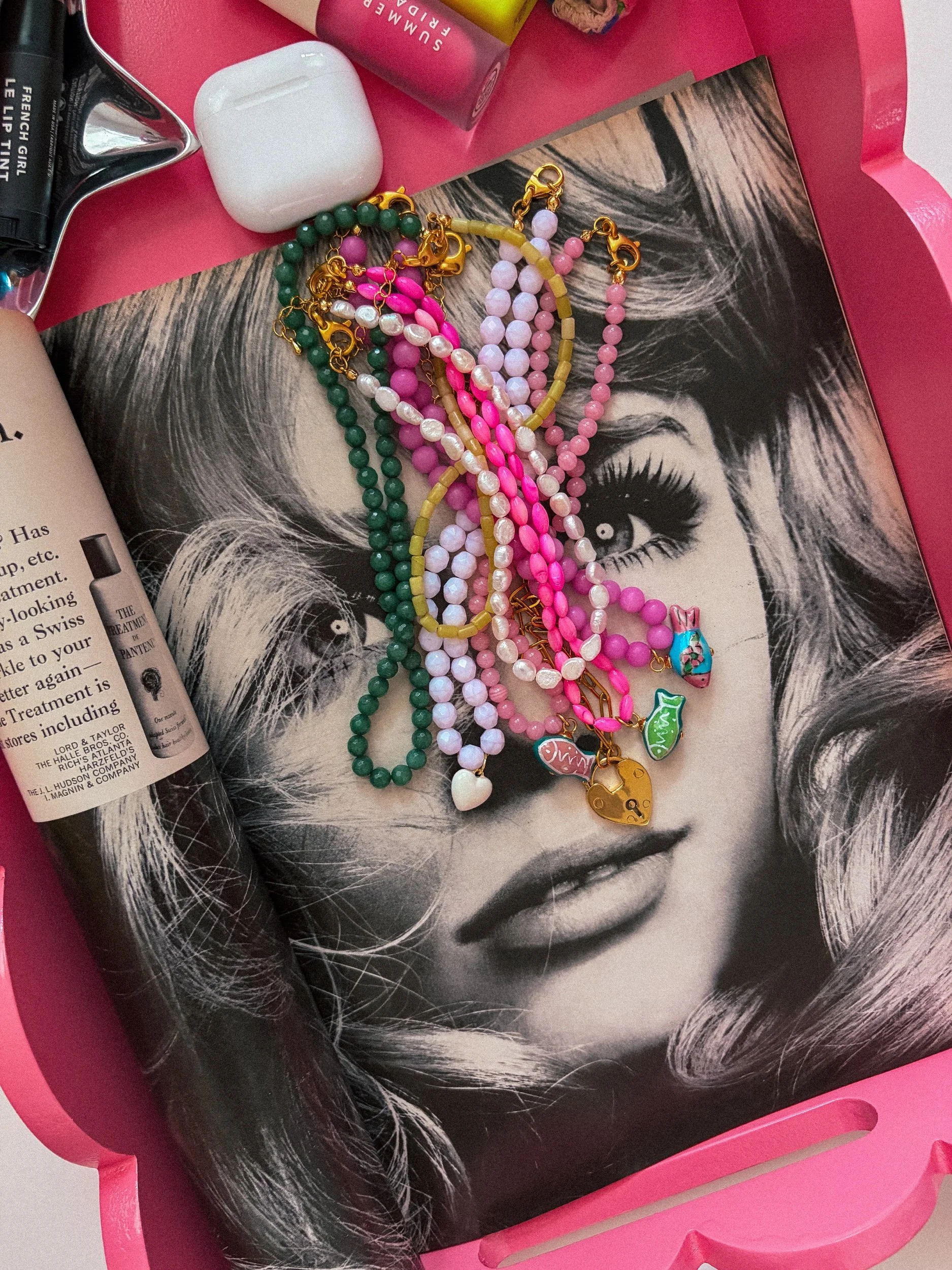 Berry Crush Necklace, magenta beaded necklace with fish charm