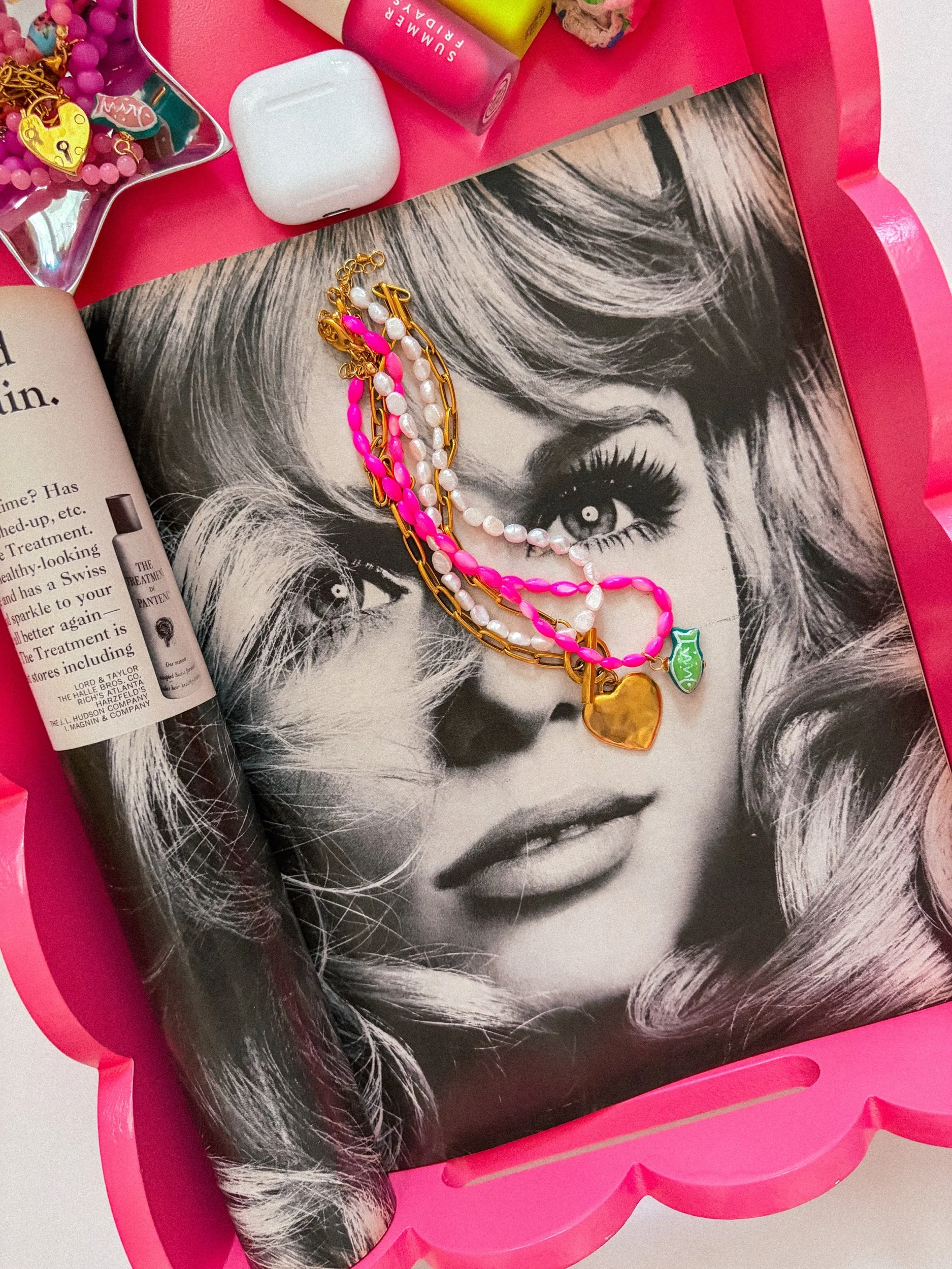 Pink Crush Necklace, pink beaded necklace with hand-painted fish charm
