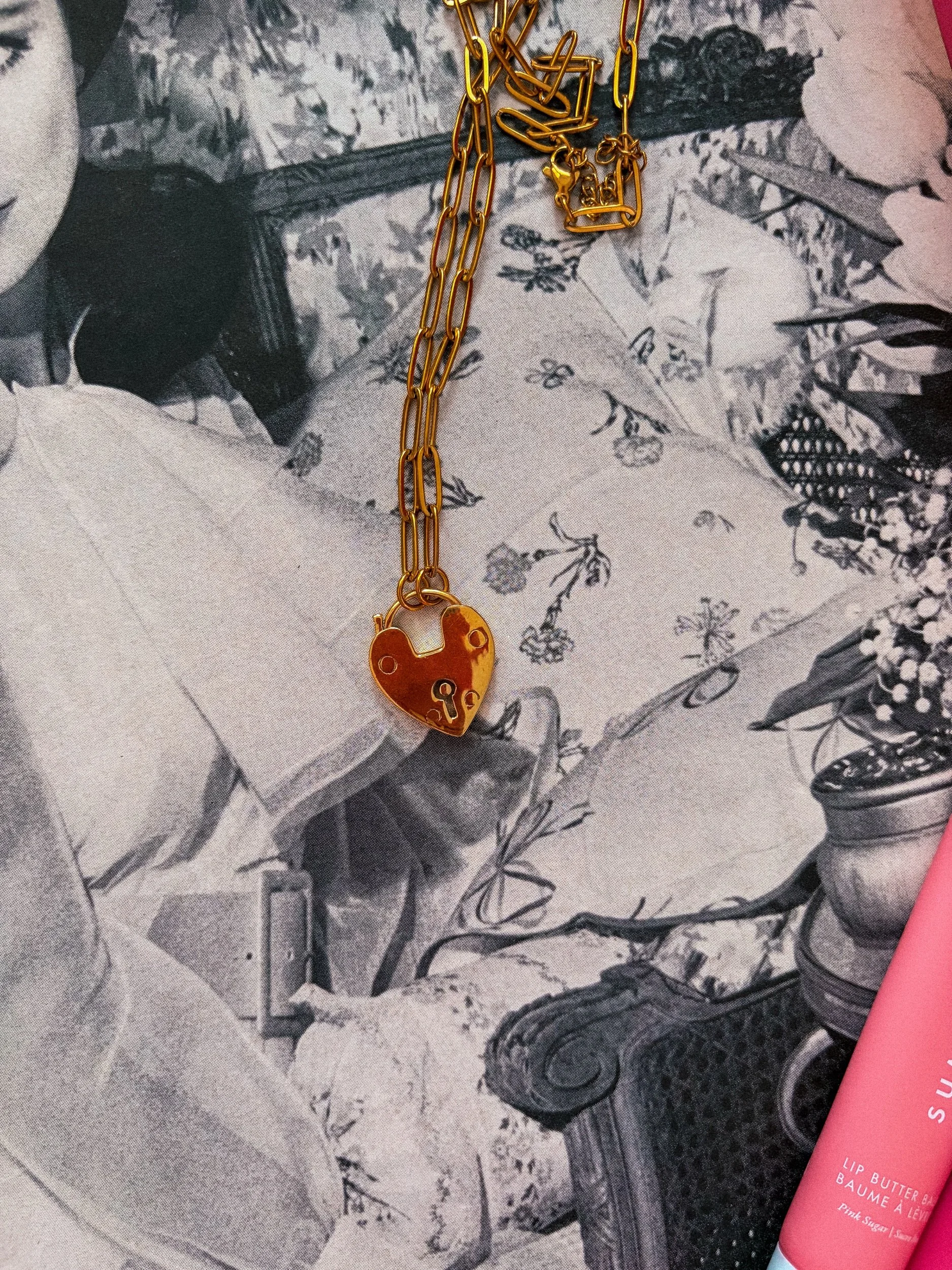 Heart Lock Necklace, gold chain necklace with heart lock pendant