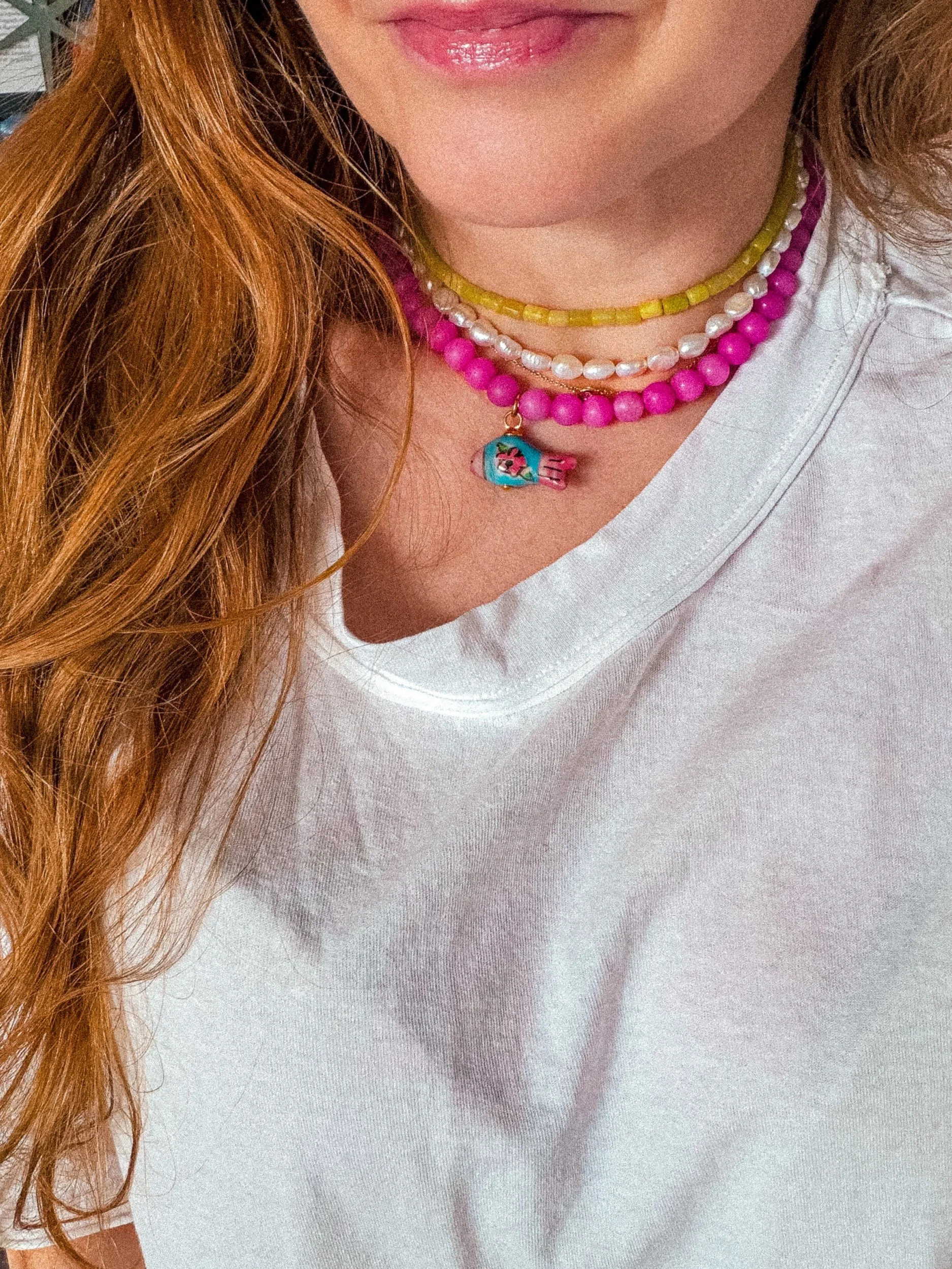 Berry Crush Necklace, magenta beaded necklace with fish charm