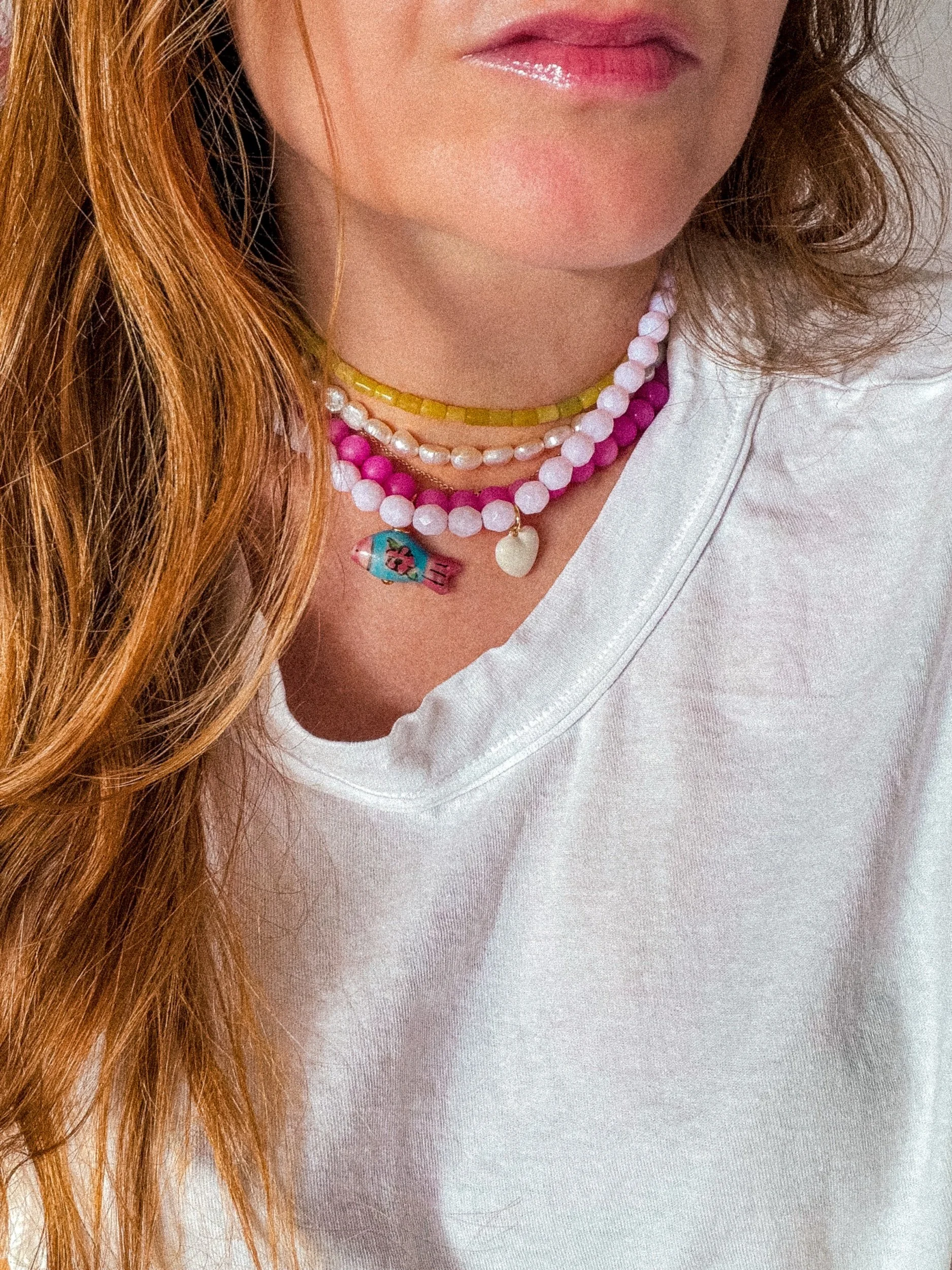 Berry Crush Necklace, magenta beaded necklace with fish charm