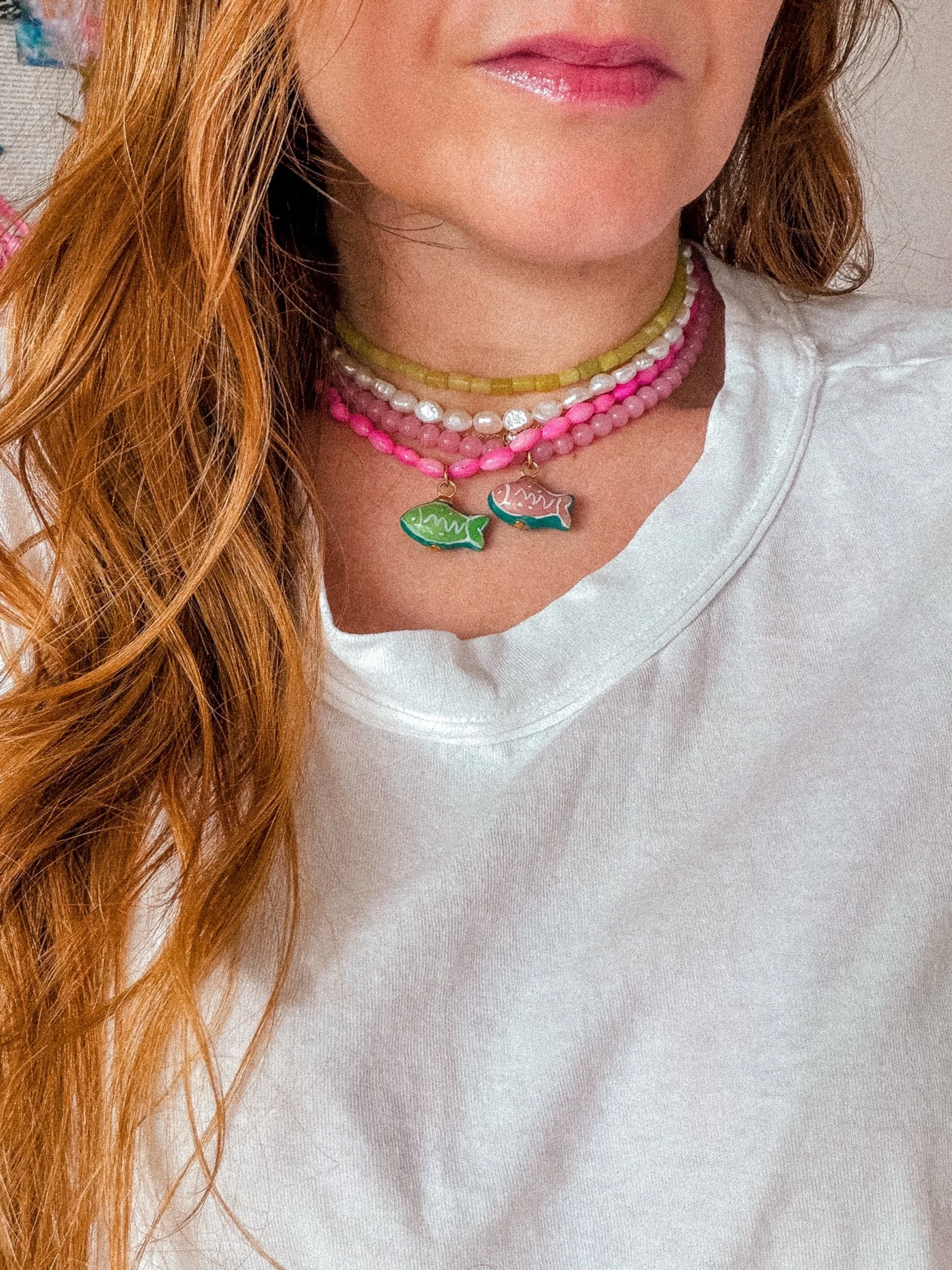 Pink Crush Necklace worn layered on neck