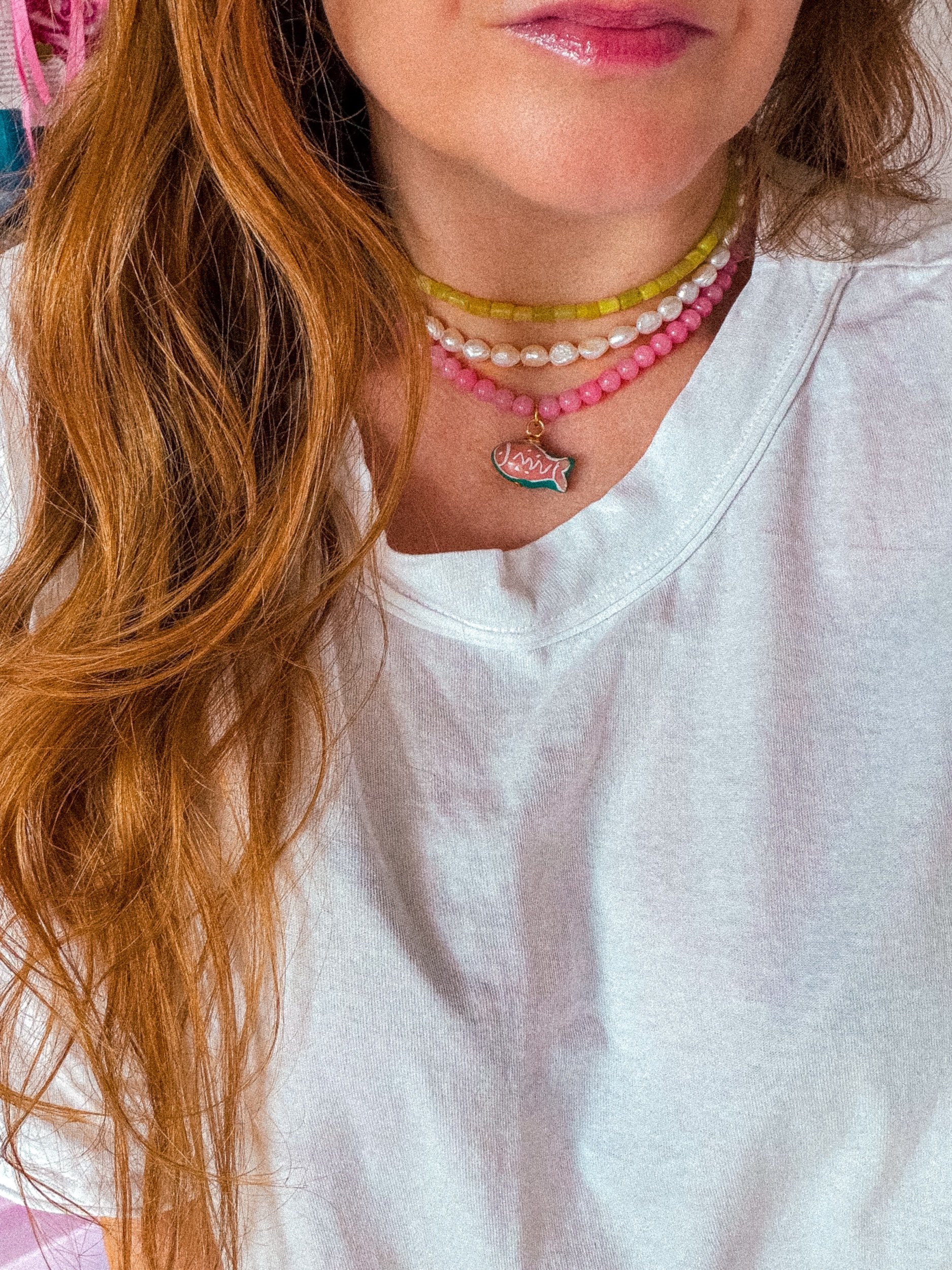 Rosy Fish Necklace, pink beaded necklace with fish charm