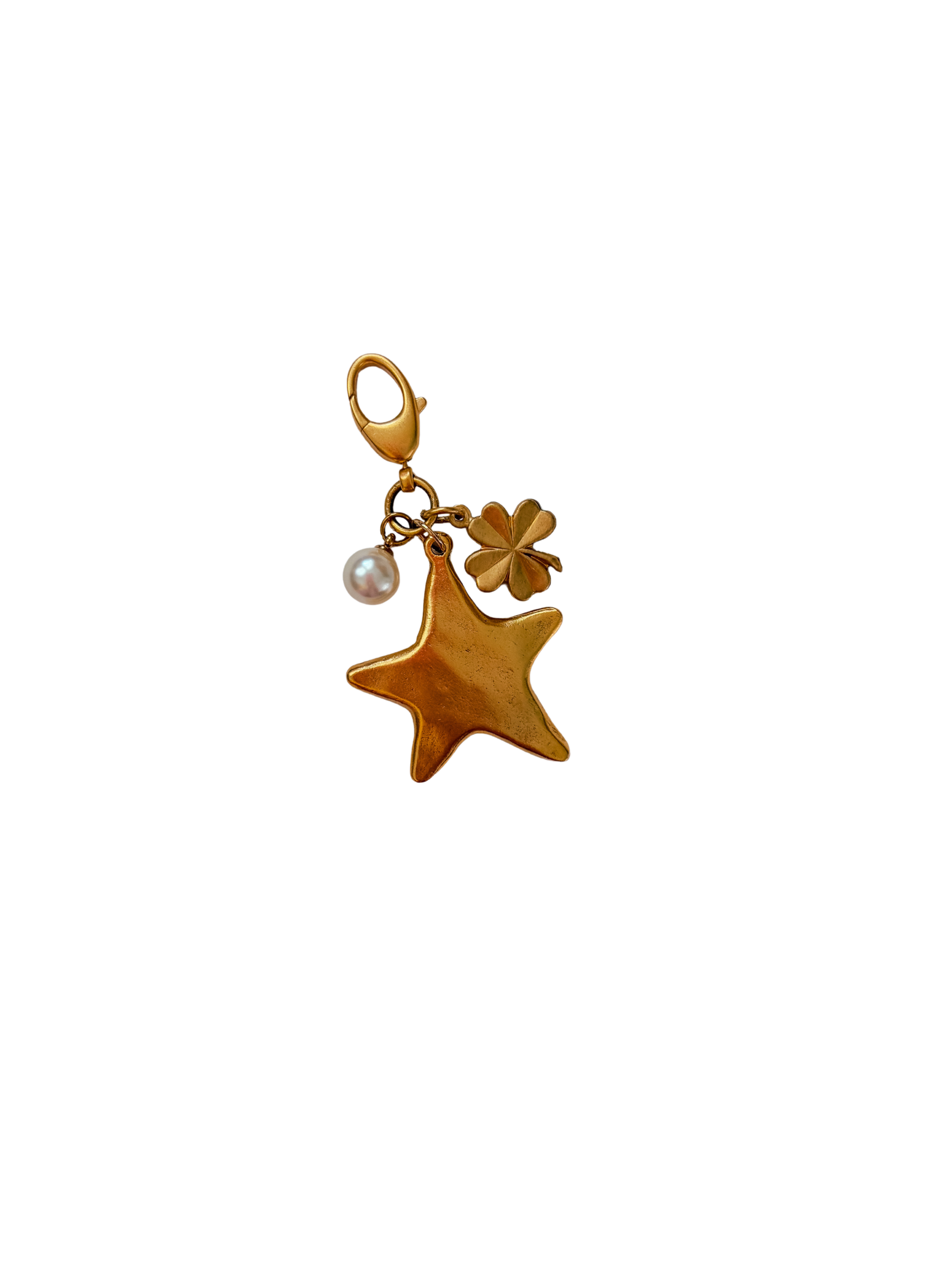 Star Charm, gold star bag charm with pearl and clover
