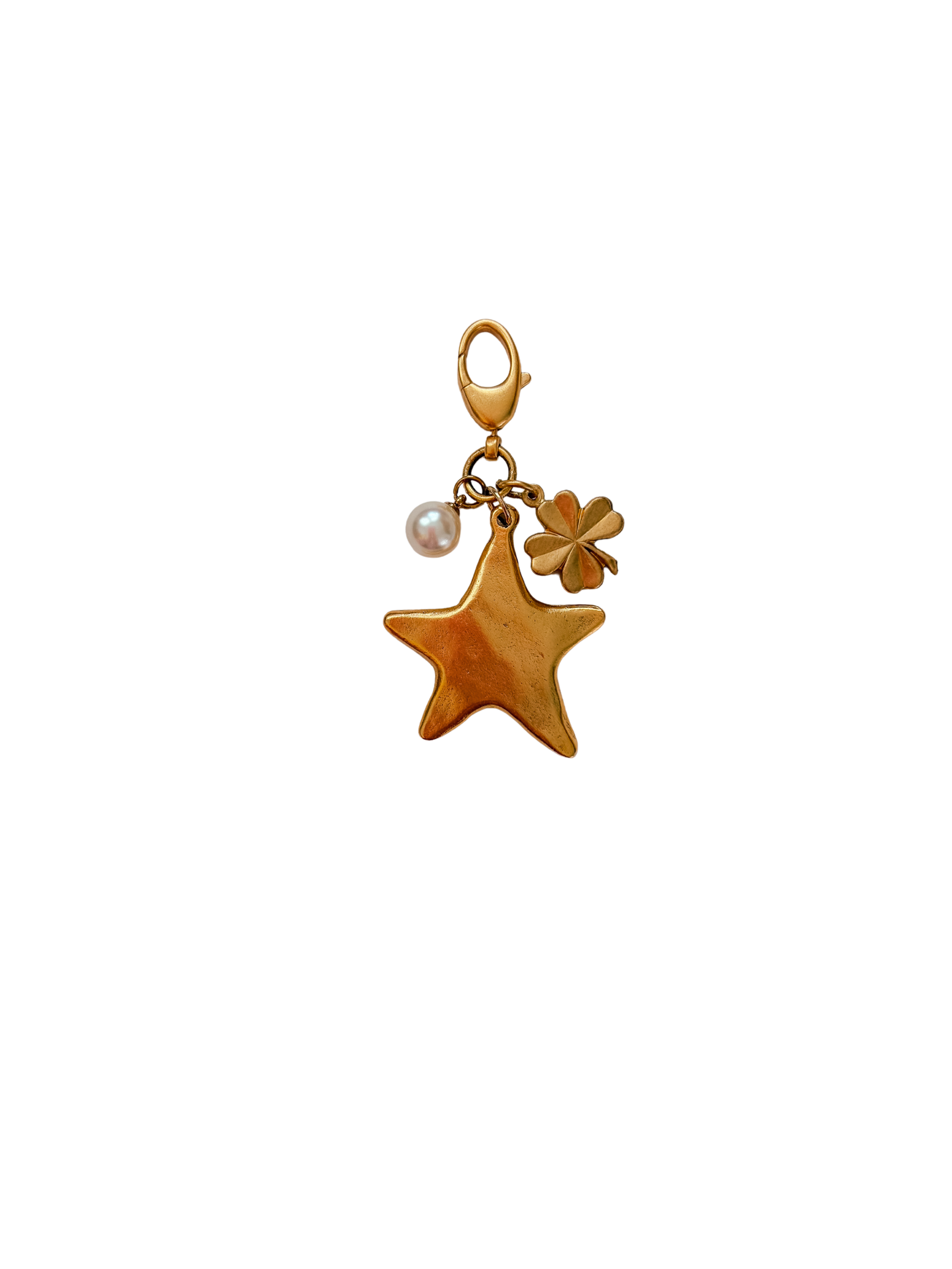 Star Charm, gold star bag charm with pearl and clover