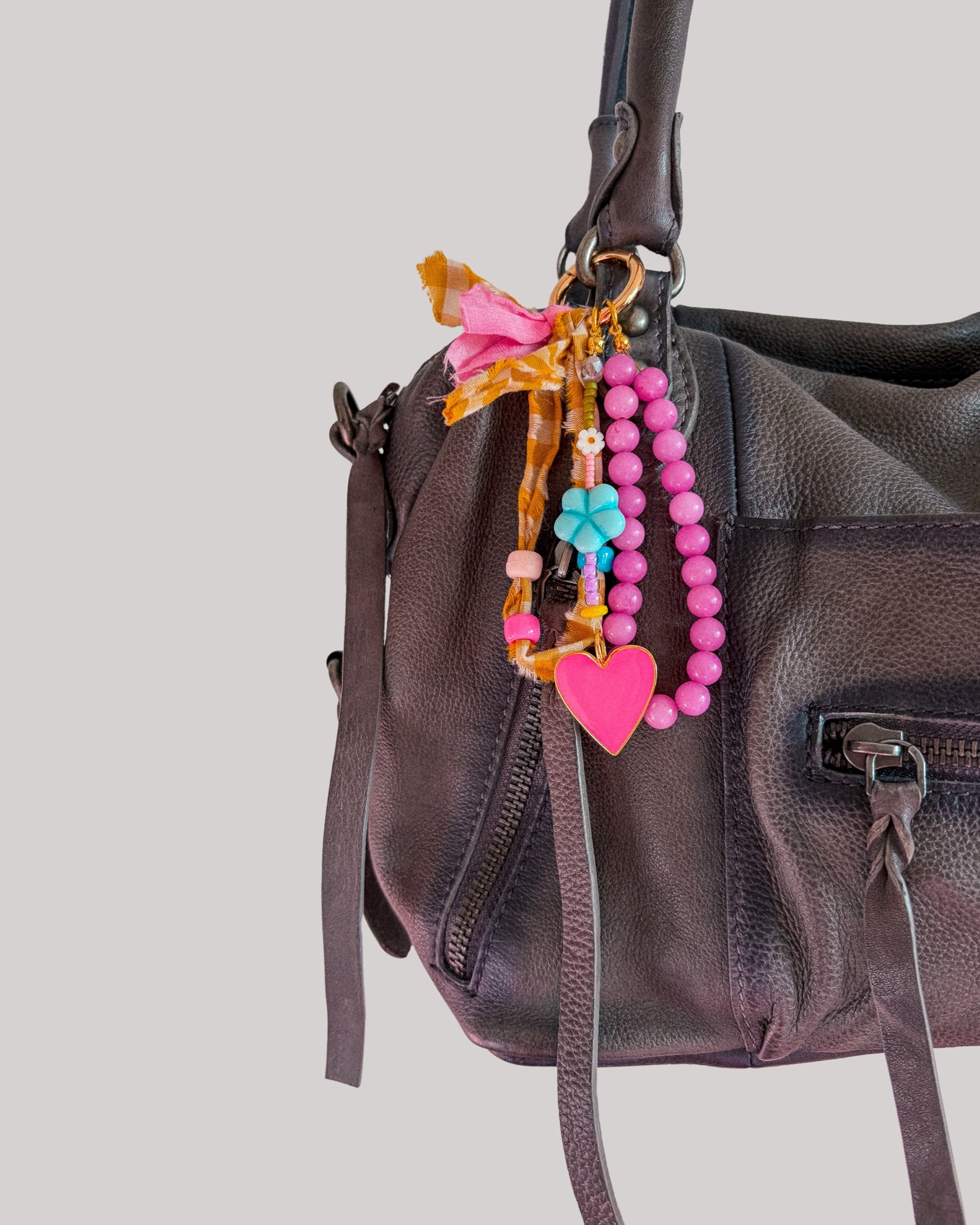Pink Crush Charm, pink beaded bag charm with heart detail